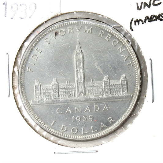 1939 Canada Dollar Uncirculated (MS-60) Scratched, mark, or impaired