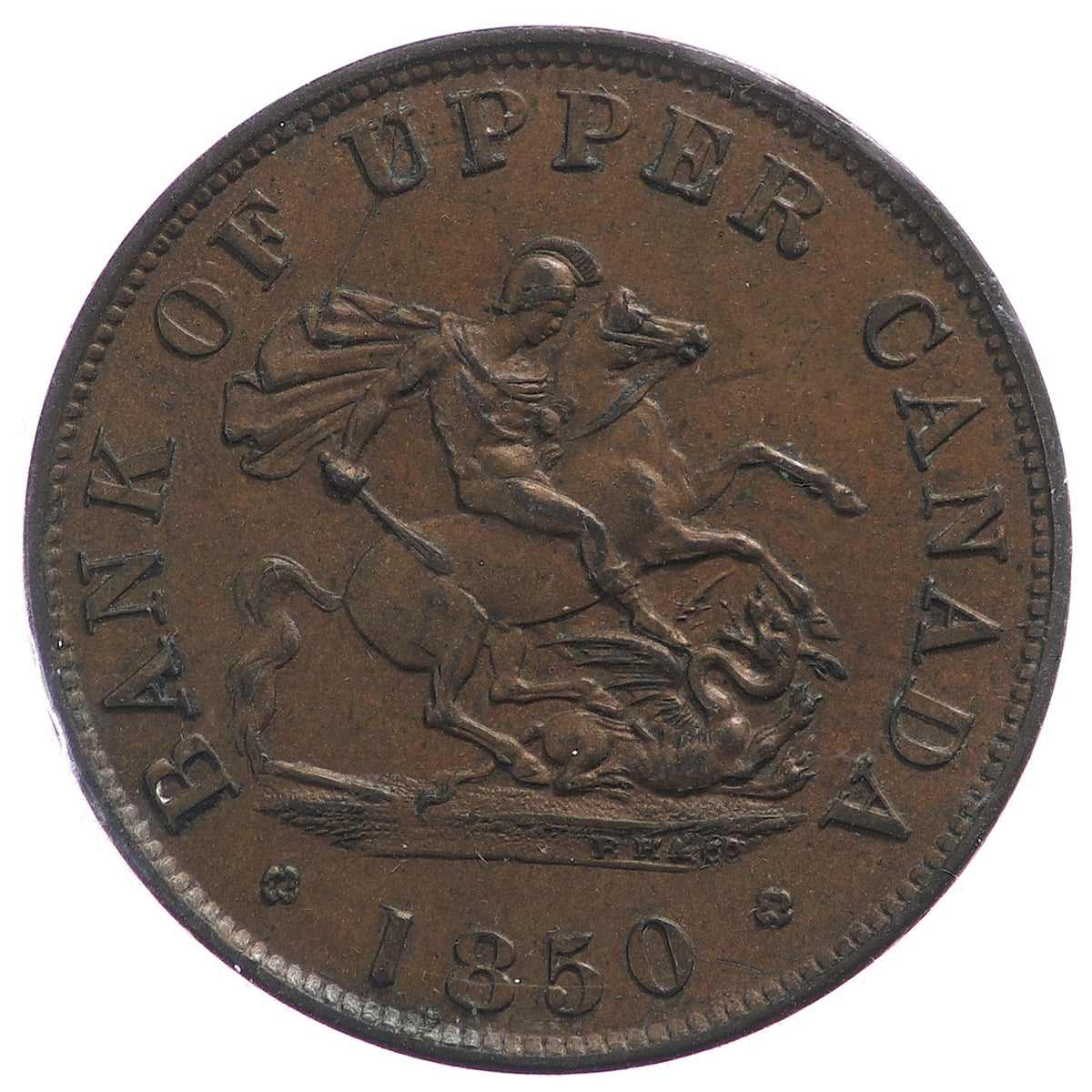 PC-5A 1850 Province of Canada, Bank of Upper Canada Half Penny Token Almost Uncirculated (AU-50)