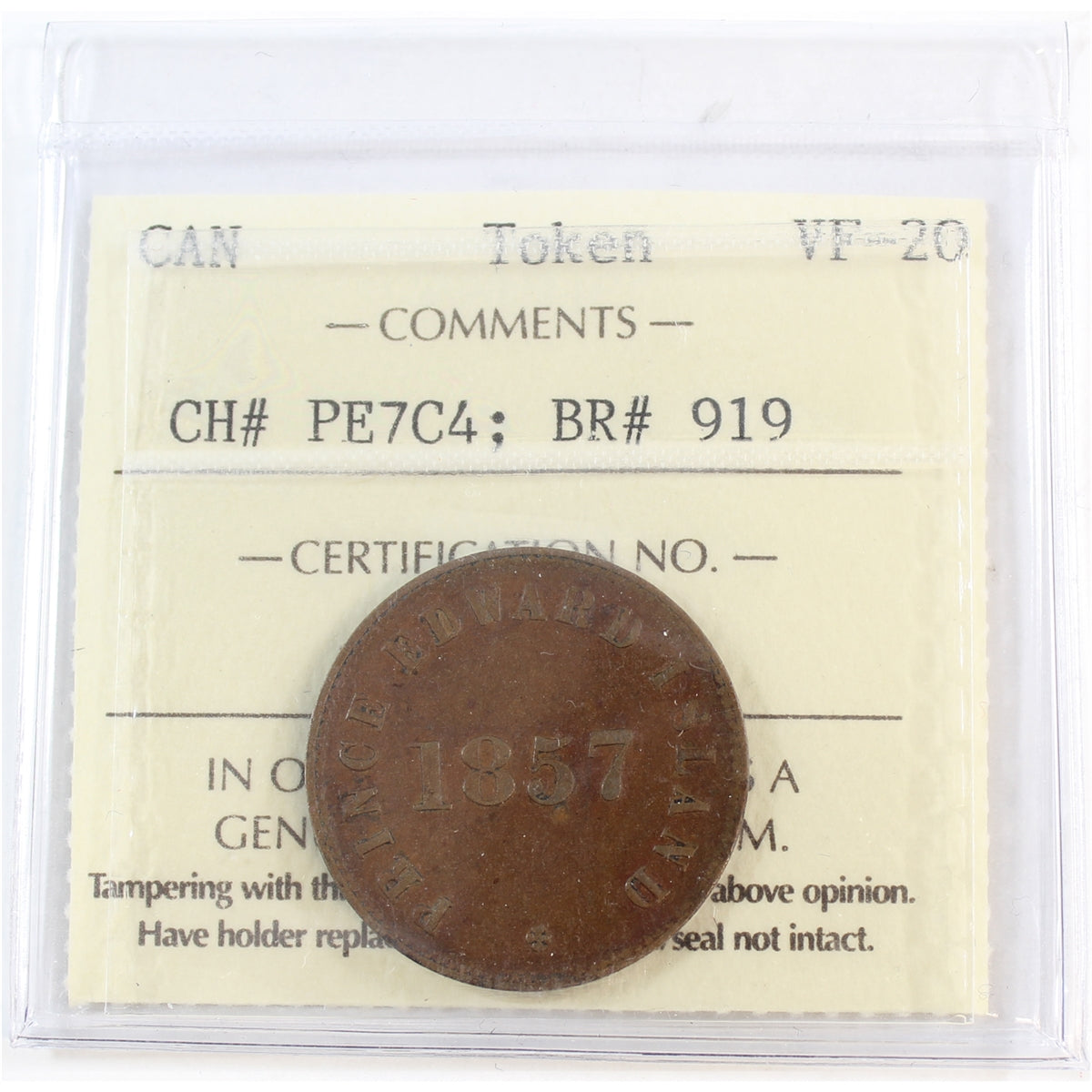 PE-7C4 1857 PEI Self Government &amp; Free Trade Bank Token ICCS Certified VF-20 (BR #919)