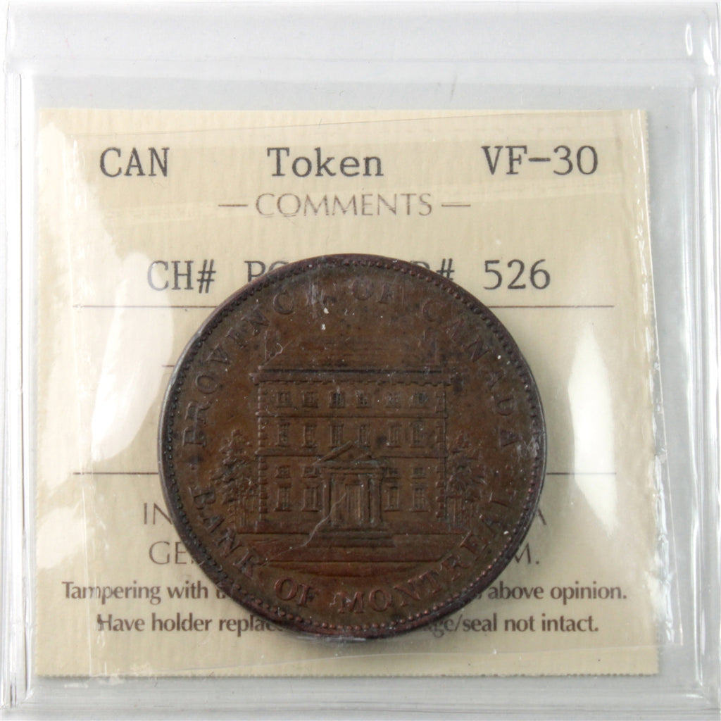 PC-2B 1842 Province of Canada Bank of Montreal Penny Token ICCS Certified VF-30 BR# 526