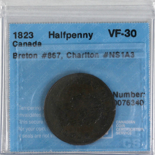 NS-1A3 1823 Nova Scotia George IV Halfpenny Token CCCS Certified VF-30 BR# 867