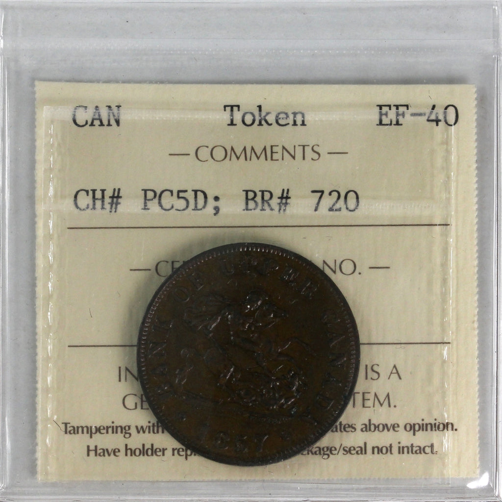 PC-5D 1857 Province of Canada Bank of Upper Canada Halfpenny Token ICCS Certified EF-40