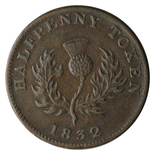 NS-1D3 1832 Nova Scotia George IV Half Penny Thistle Token Almost Uncirculated (AU-50) $