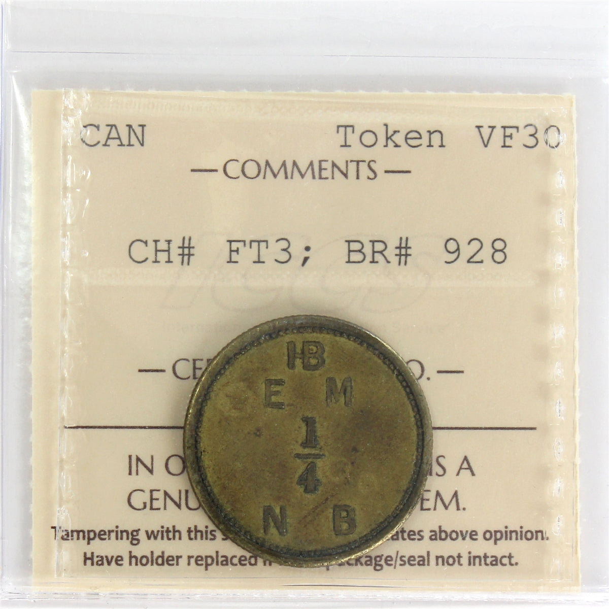 FT-3 (1857) Hudson's Bay Fur Trade 1/4 Made Beaver Token ICCS Certified VF-30 BR #928