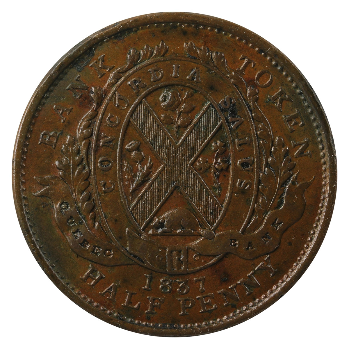 LC-8B2 1837 Lower Canada, Quebec Bank Half Penny Token EF-AU (EF-45) $