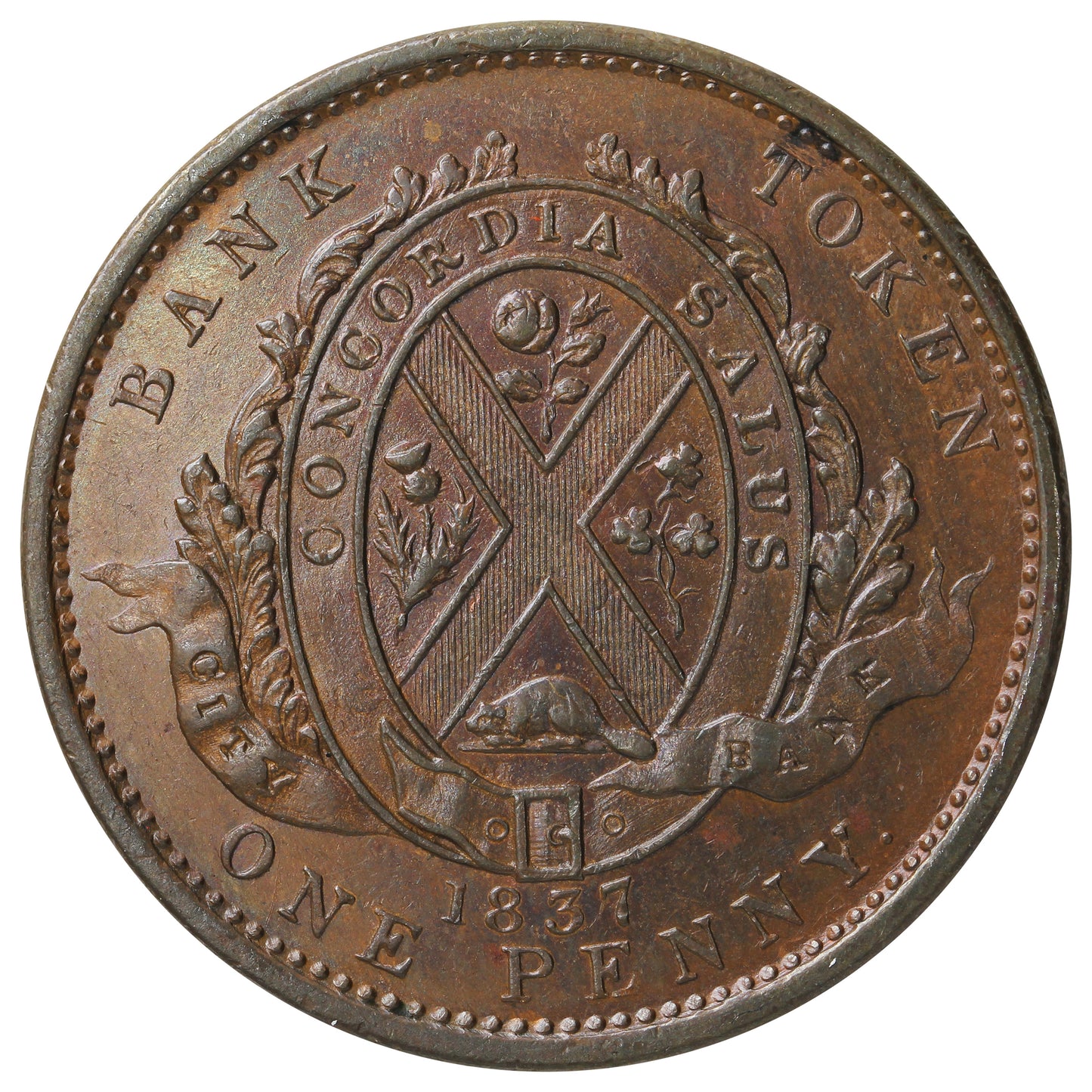 LC-9A2 1837 Lower Canada, City Bank Deux Sou Penny Token Almost Uncirculated (AU-50) $