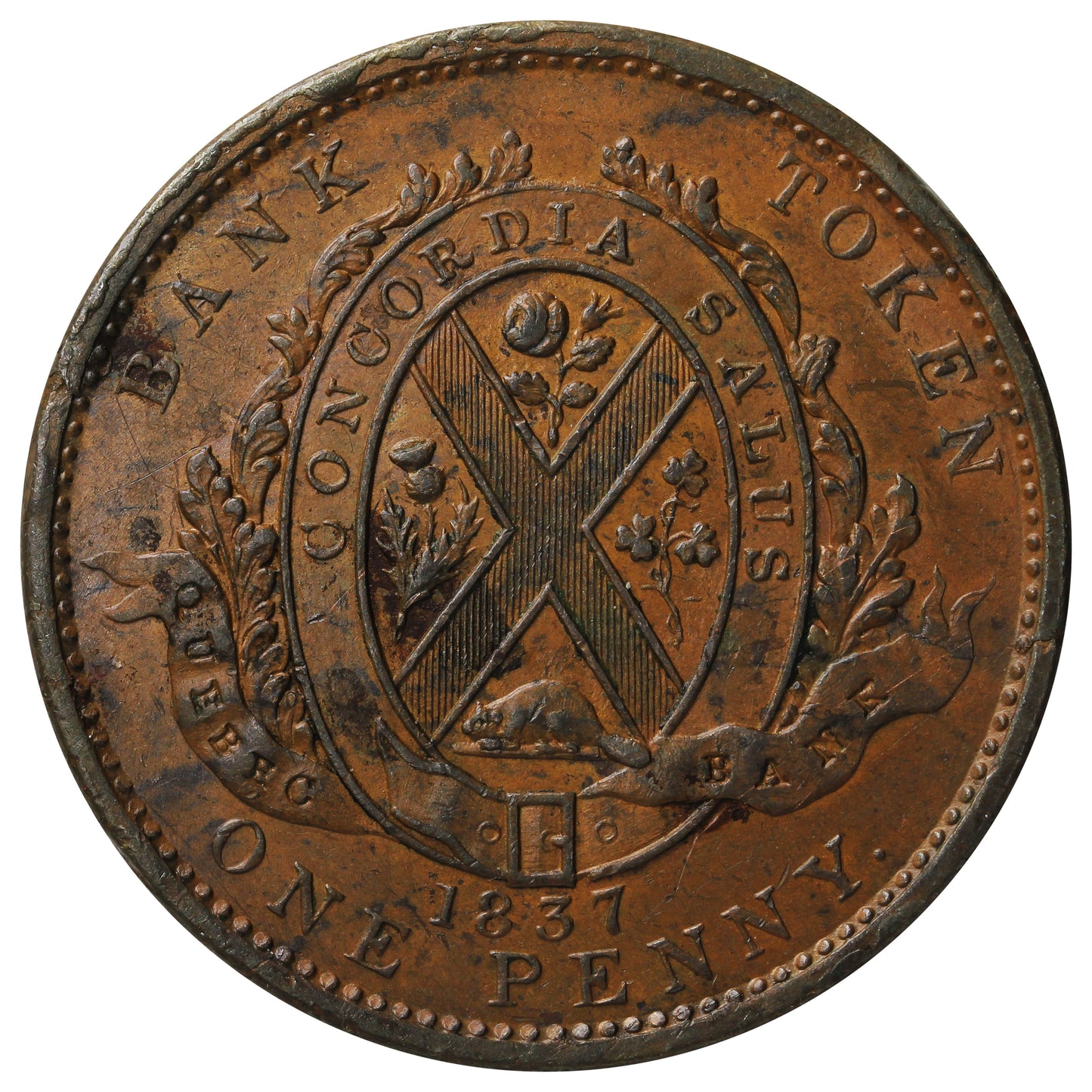 LC-9B2 1837 Lower Canada, Quebec Bank Deux Sous Penny Token Almost Uncirculated (MS-60) $