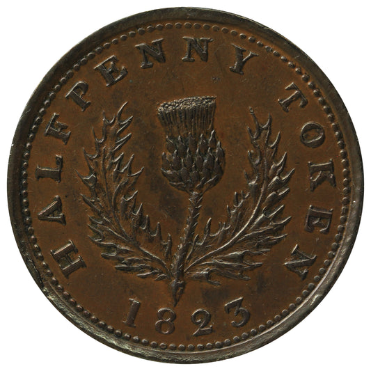 NS-1A4 1823 Nova Scotia George IV Thistle Half Penny Token Almost Uncirculated (AU-50) $