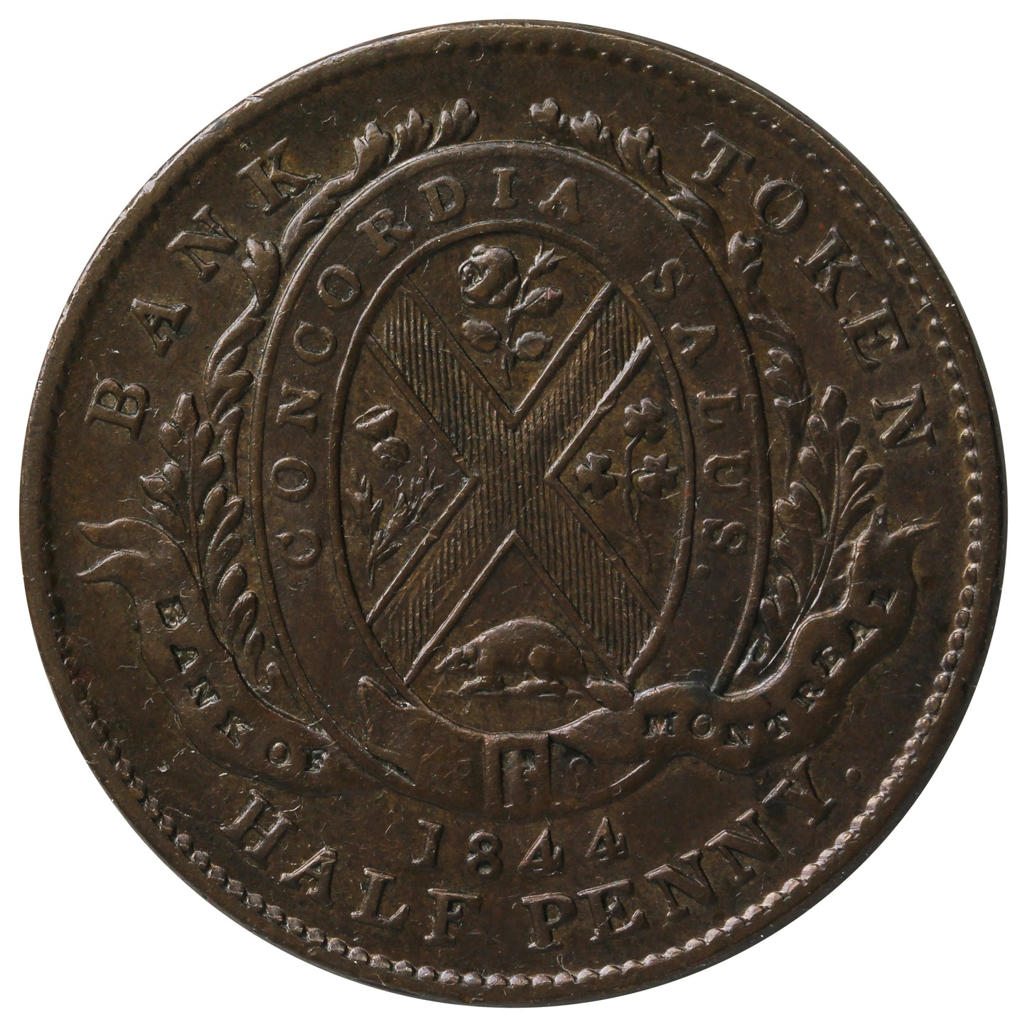 PC-1B6 1844 Province of Canada, Bank of Montreal Half Penny Token AU-UNC (AU-55) $