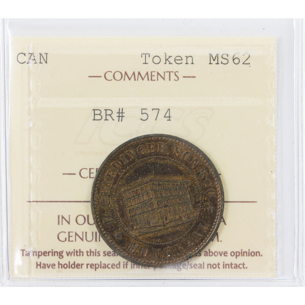 BR #574 1852 Gnaedinger Son & Co. Montreal Token ICCS Certified MS-62 (XDZ 897)