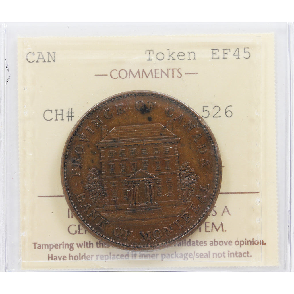 PC-2b 1842 Province of Canada Bank of Montreal Penny Token ICCS Certified EF-45 BR #526