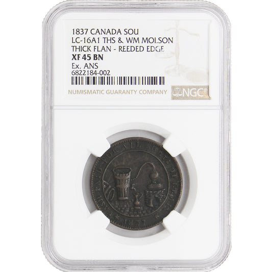 LC-16A1 1837 Lower Canada THS & WM Molson Un Sou Token NGC Certified XF-45 BN