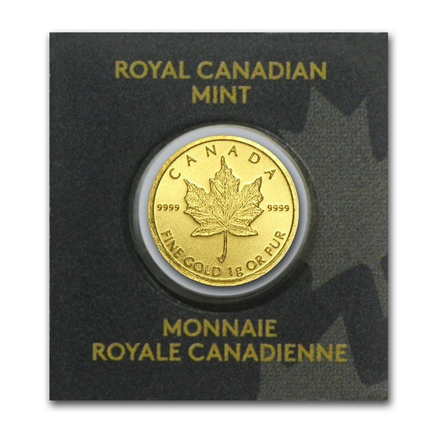 ONE GRAM (Black) RCM Maplegram Gold Maple Leafs 50-cents .9999 Gold (TAX Exempt)