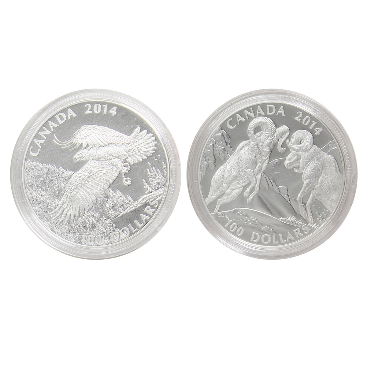 2x 2014 Canada $100 for $100 Fine Silver, 2Pcs (No Tax) Capsules only; caps scuffed