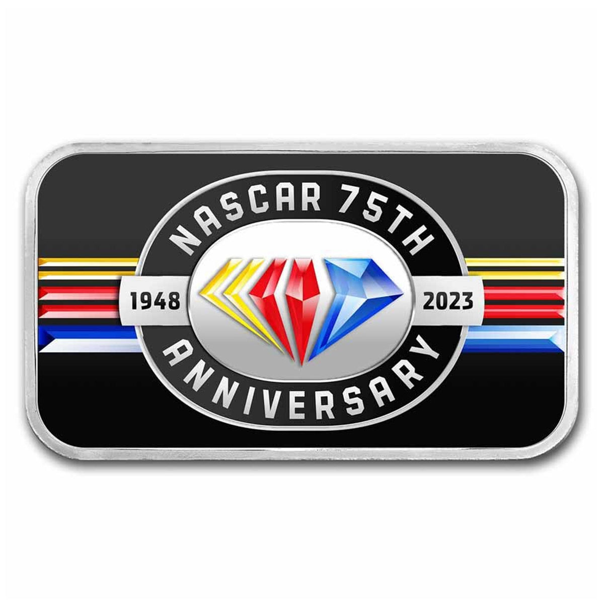 NASCAR 75th Anniv. Double Sided Colourized Bar 1oz Silver in Card (No Tax)