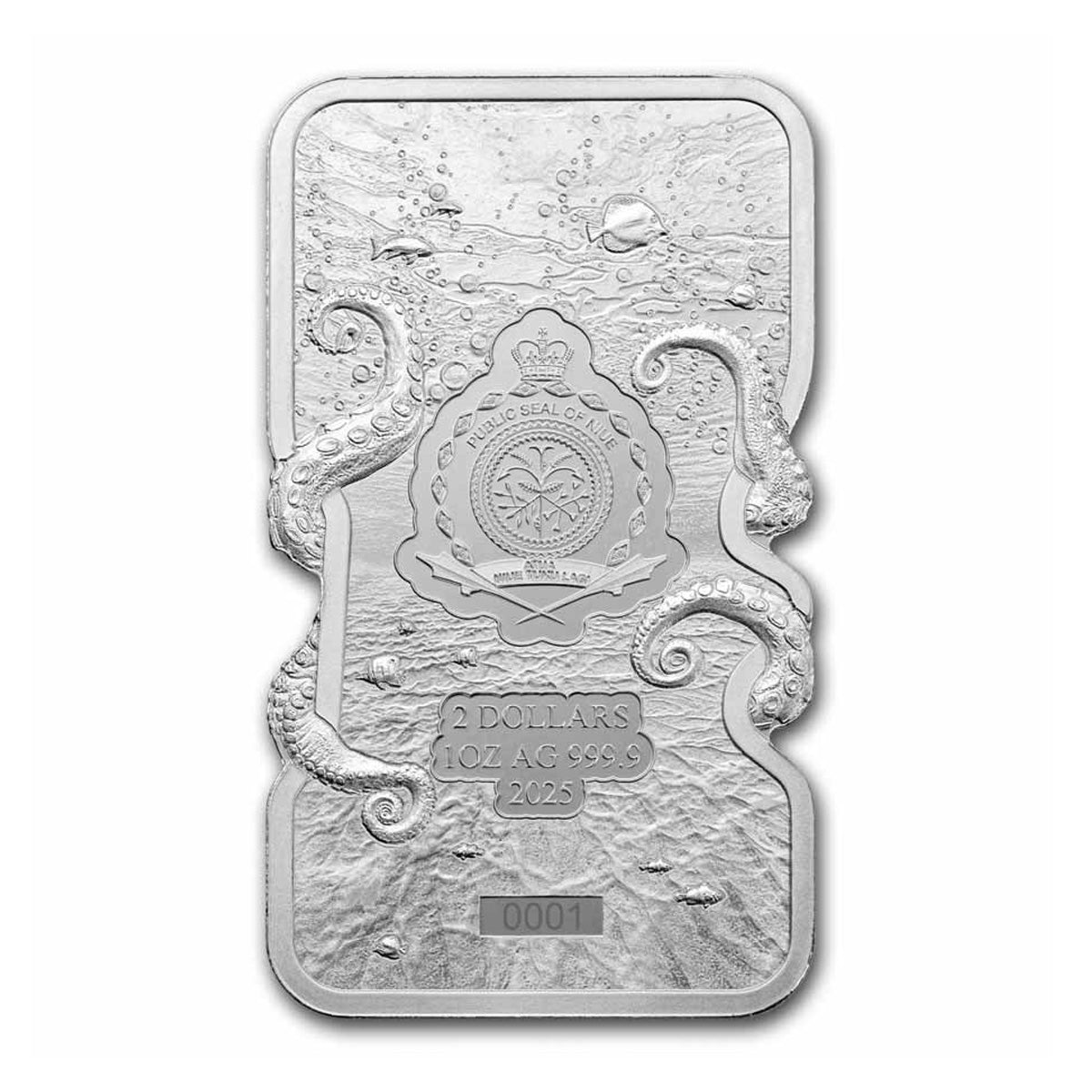 2025 Niue $2 Nature's Grip: Giant Octopus 1oz .999 Silver Bar in Card (Tax Exempt)