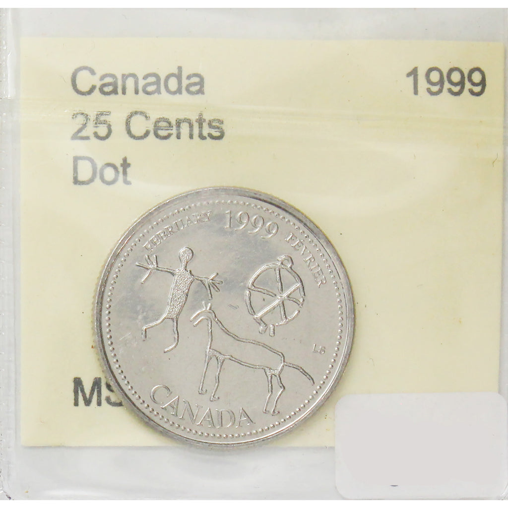 ERROR 1999 February Canada 25-Cents Brilliant UNC (MS-63) Dot in Date