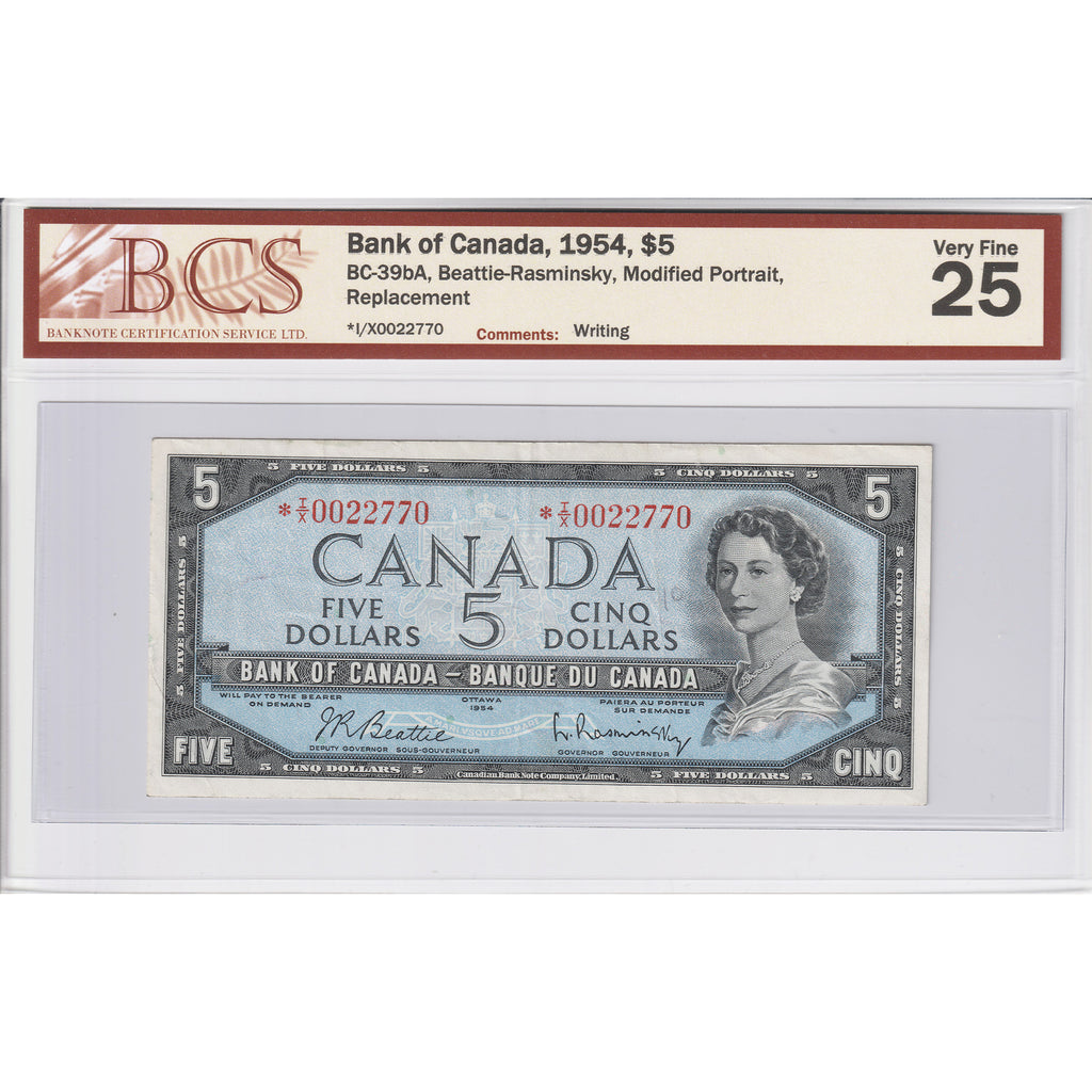 BC-39bA 1954 Canada $5 B-R Modified, Replacement, *I/X BCS Cert VF-25 (Writing)