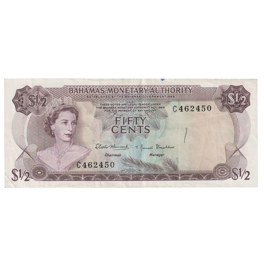 Bahamas 1969 1/2 Dollar Note, Pick #26a, VF-EF (Dam'g)