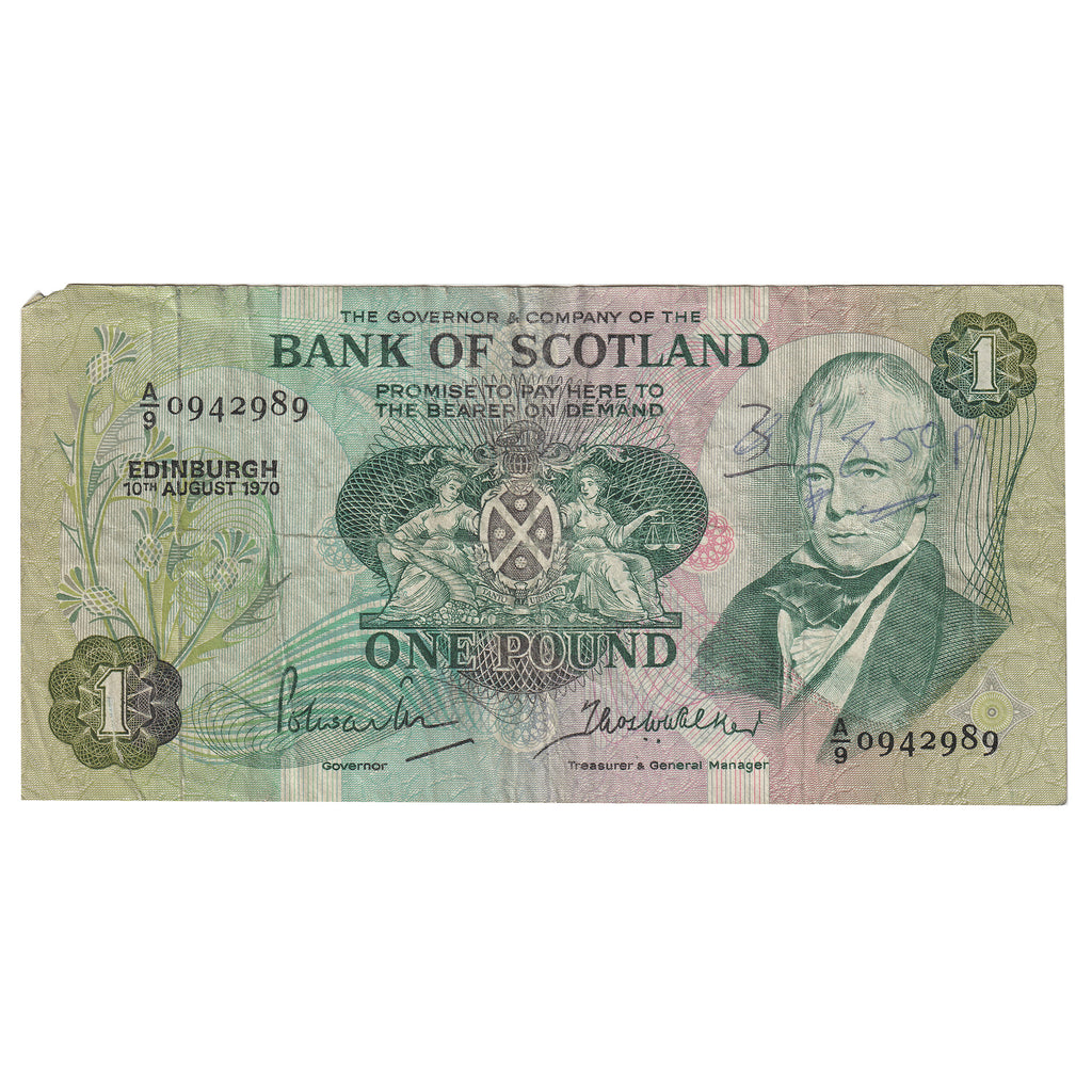 Scotland 1970 Bank of Scotland 1 Pound Note, SC109a, Circ (Dam'g)