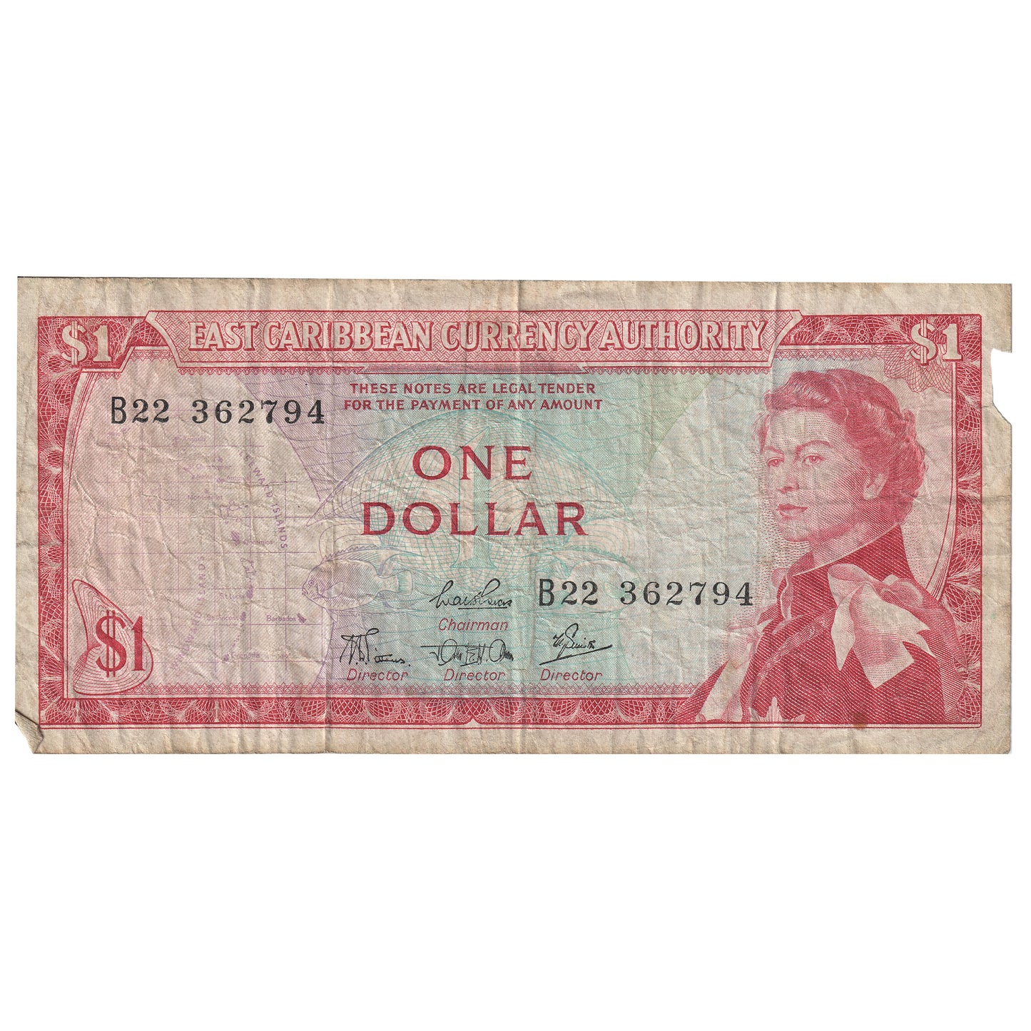 East Caribbean States 1965 1 Dollar Note, Sign 4, Pick #13c Circ (Tear)