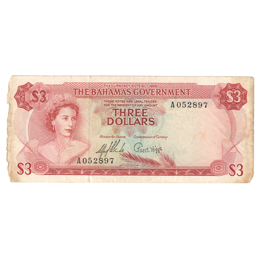 Bahamas 1965 3 Dollar Note, Pick #19a, VF (Dam'g)