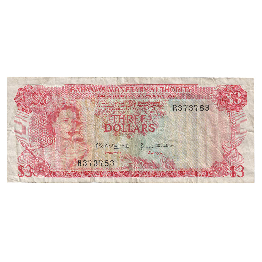 Bahamas 1968 3 Dollar Note, Pick #28a, F-VF (Tears)