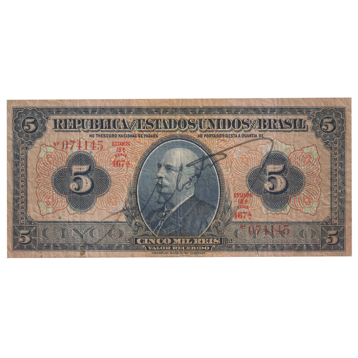 Brazil 1925 5 Mill Reis Note, Pick #29a, F-VF (Hole)