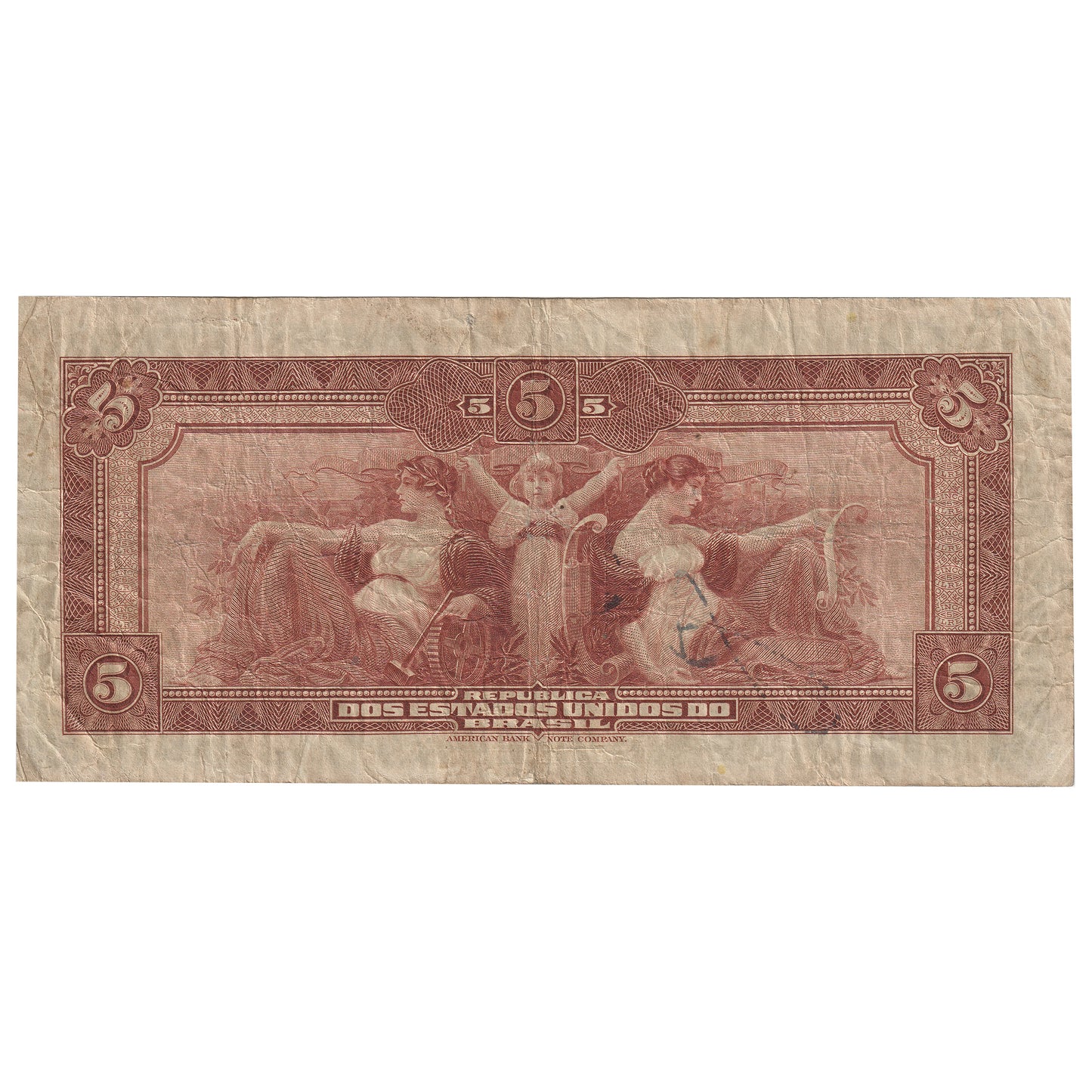 Brazil 1925 5 Mill Reis Note, Pick #29a, F-VF (Hole)