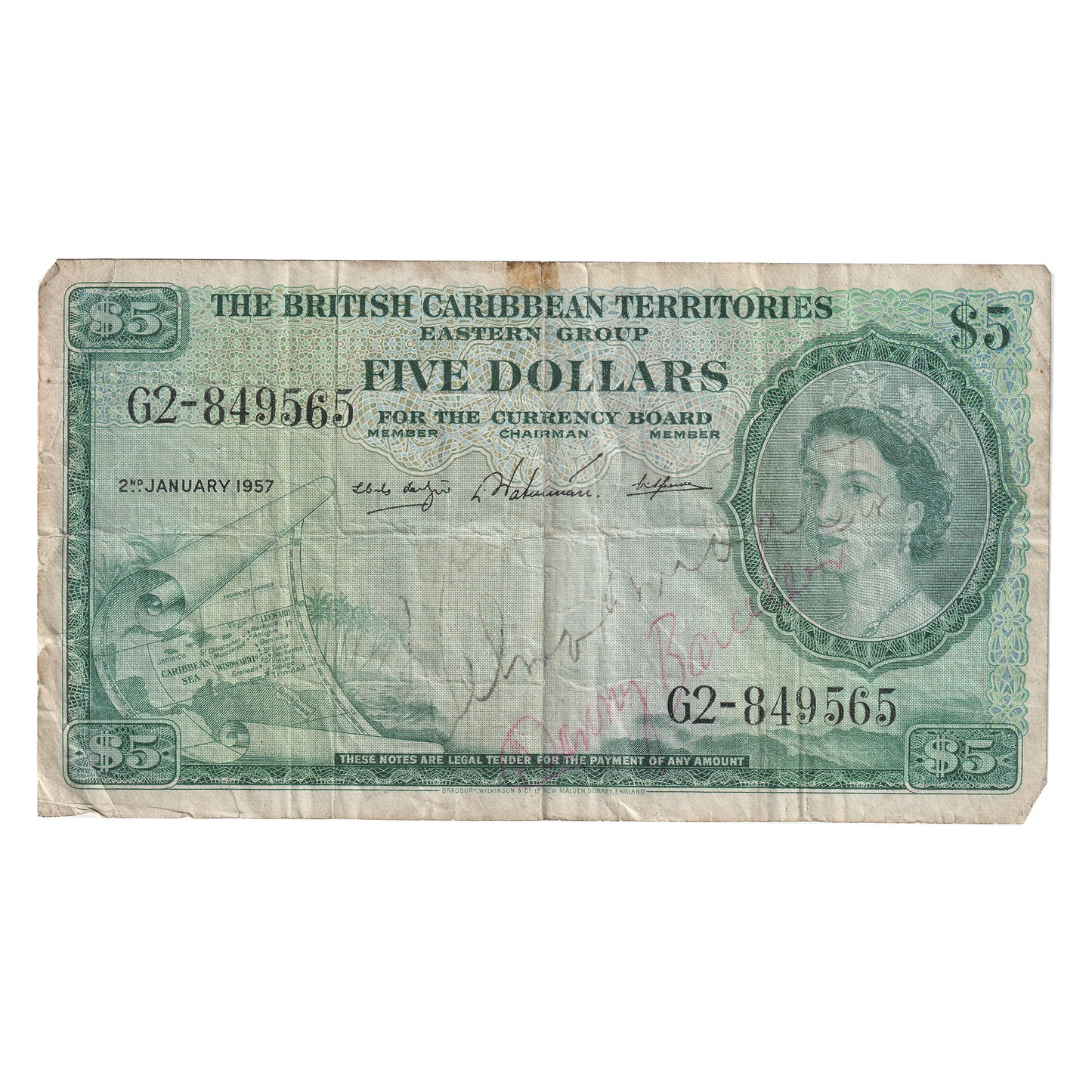 British Caribbean Territories 1957 5 Dollar Note, Pick #9b, VF (Dam'g)