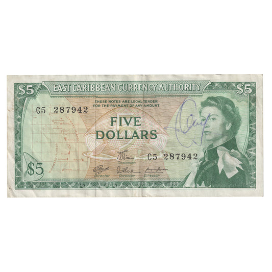 East Caribbean States 1965 5 Dollar Note, Sign 7, Pick #14f, VF-EF (Writing)