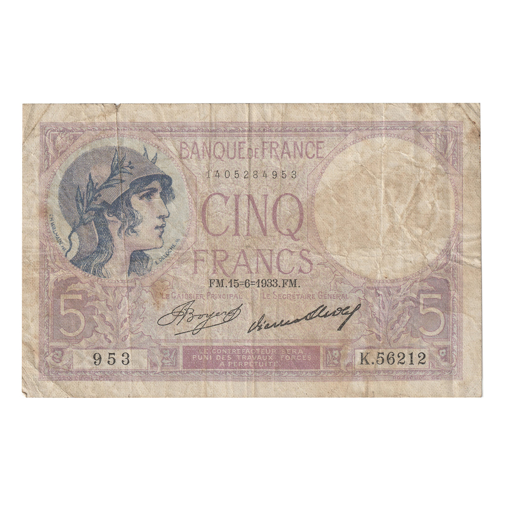 France 1933 5 Franc Note, Pick #72e, VF (Stains)