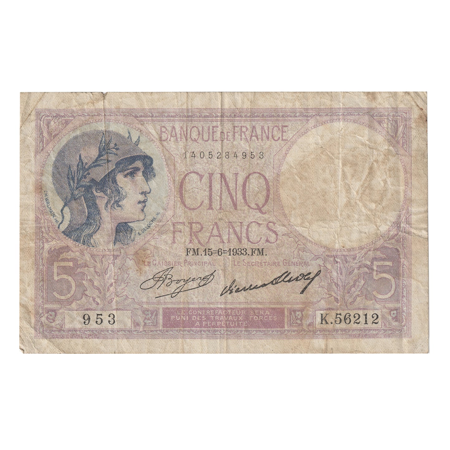 France 1933 5 Franc Note, Pick #72e, VF (Stains)