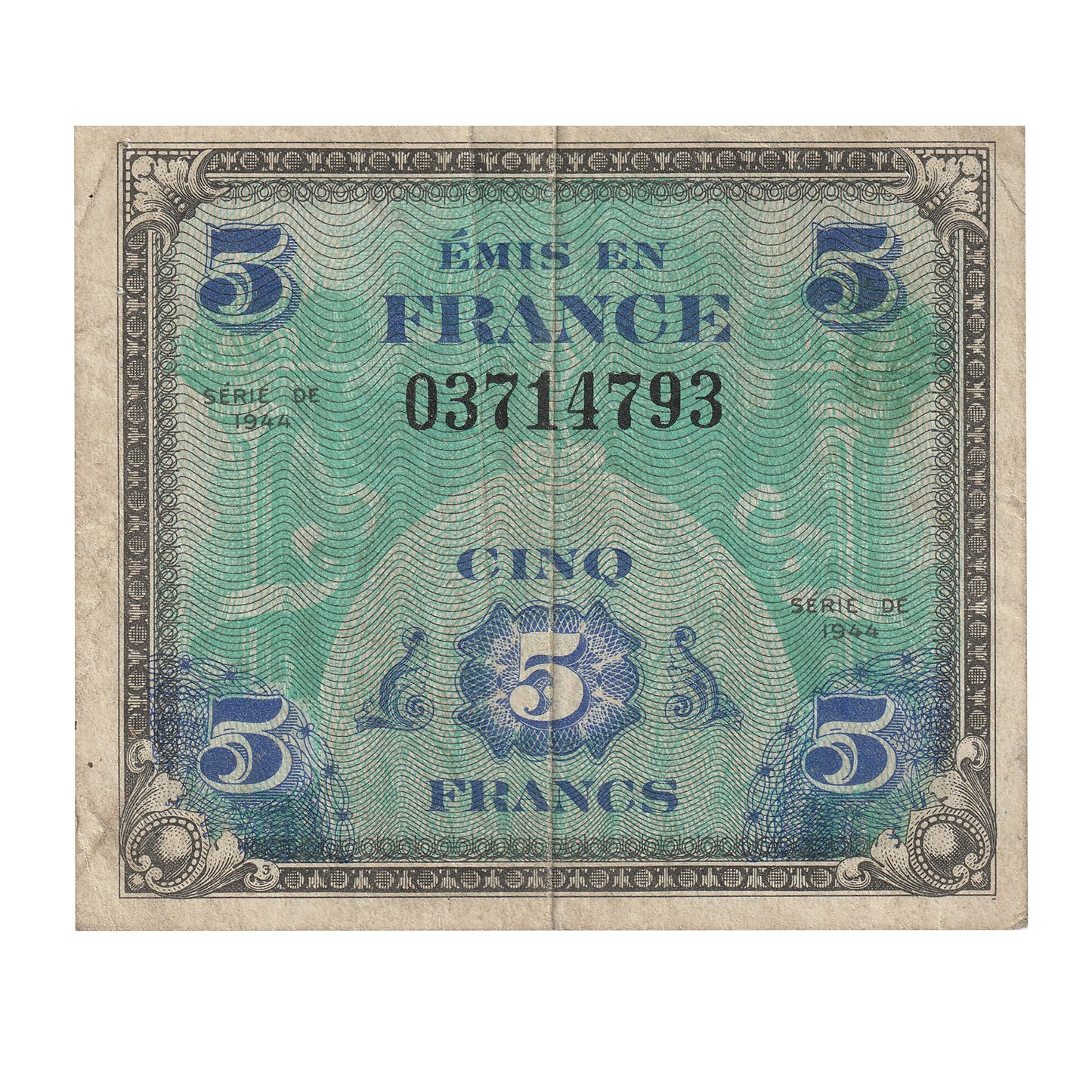 France 1944 5 Franc Note, Pick #115a EF (Holes)