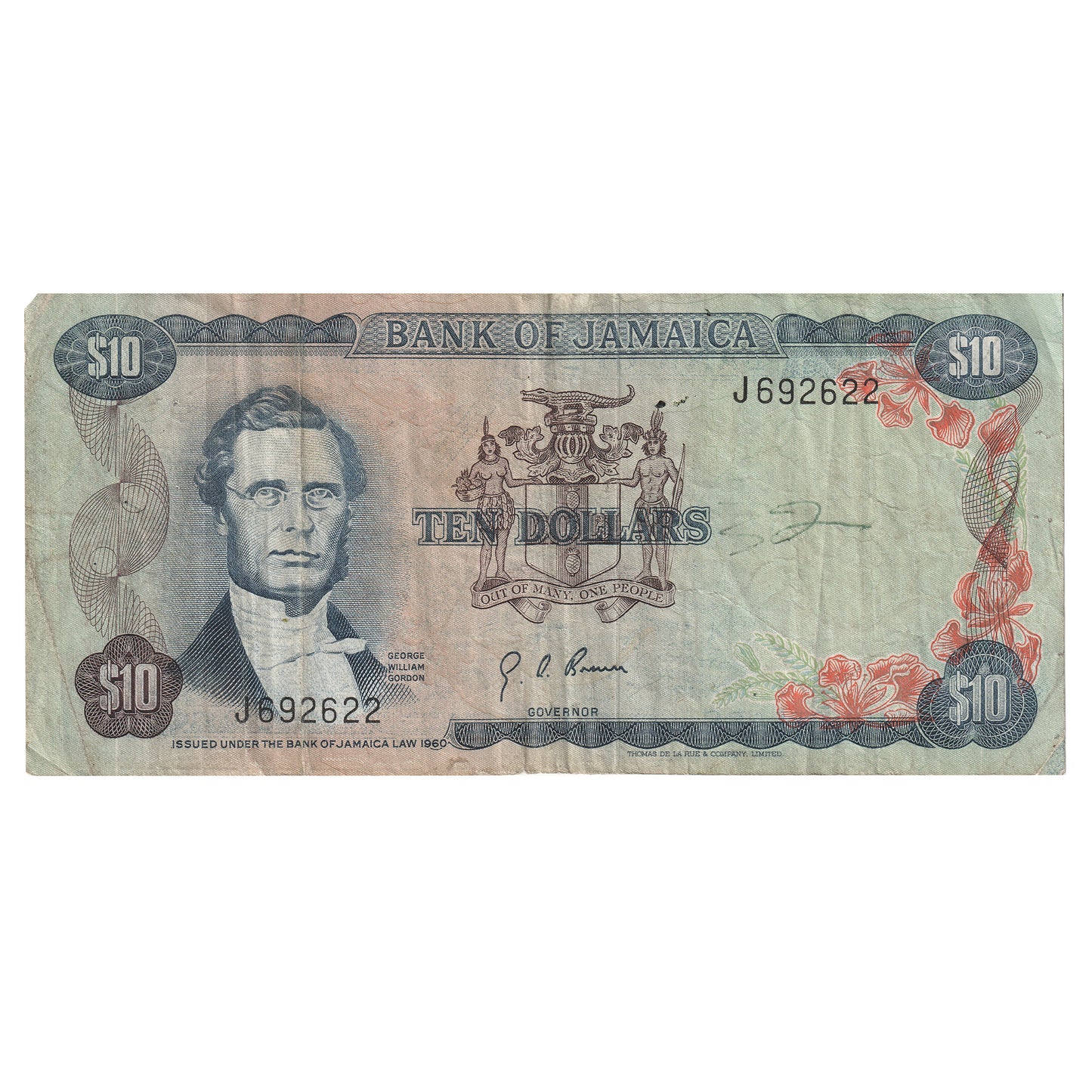 Jamaica 1970 10 Dollar Note, Pick #57, F-VF (Writing)