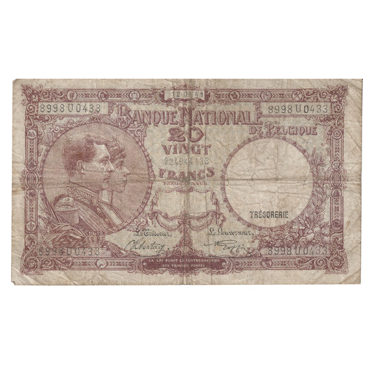 Belgium 1941 20 Franc Note, Pick #111 F-VF (Holes)