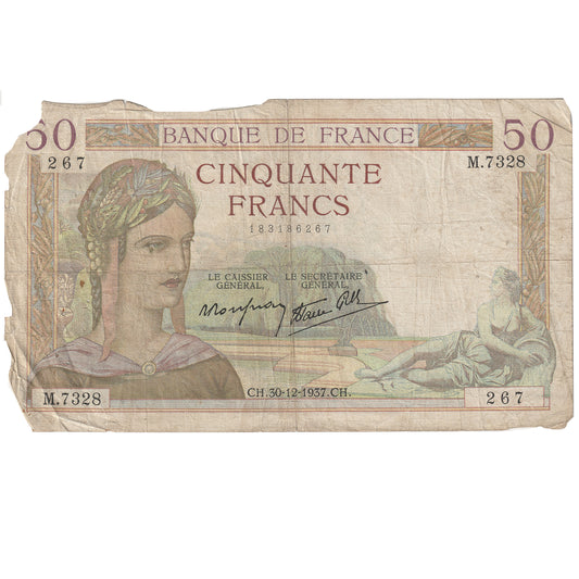 France 1937 50 Franc Note, Pick #85b, F (Dam'g)