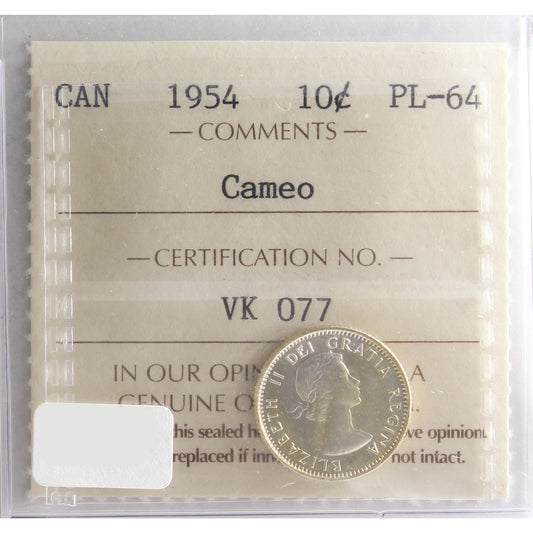 1954 Canada 10-cents ICCS Certified PL-64 Cameo