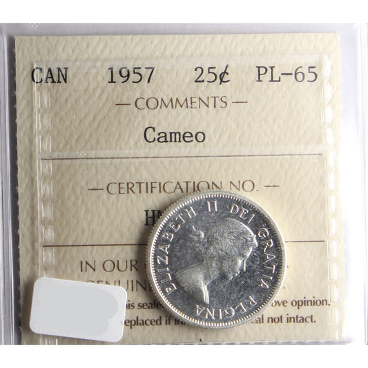 1957 Canada 25-cents ICCS Certified PL-65 Cameo