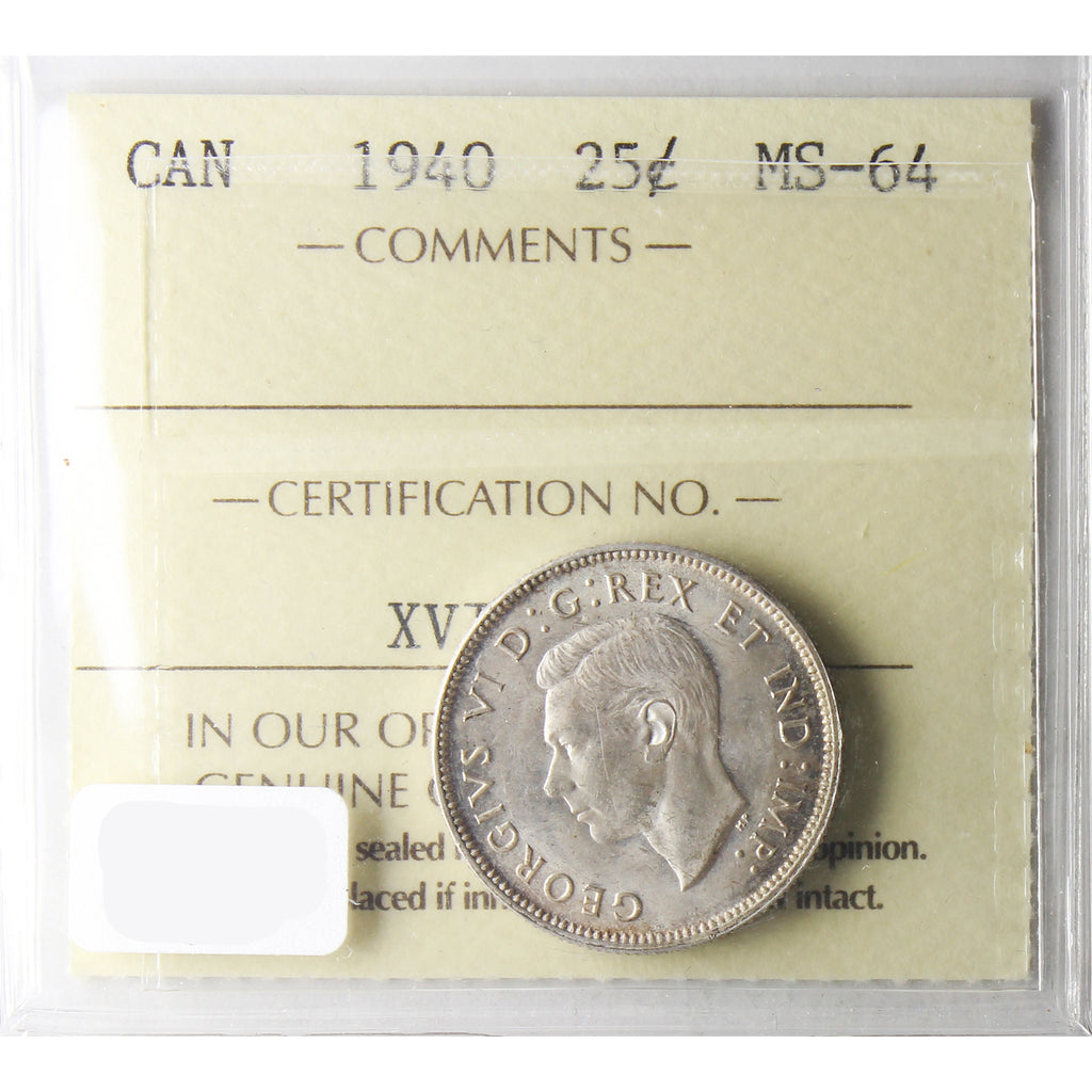 1940 Canada 25-cents ICCS Certified MS-64