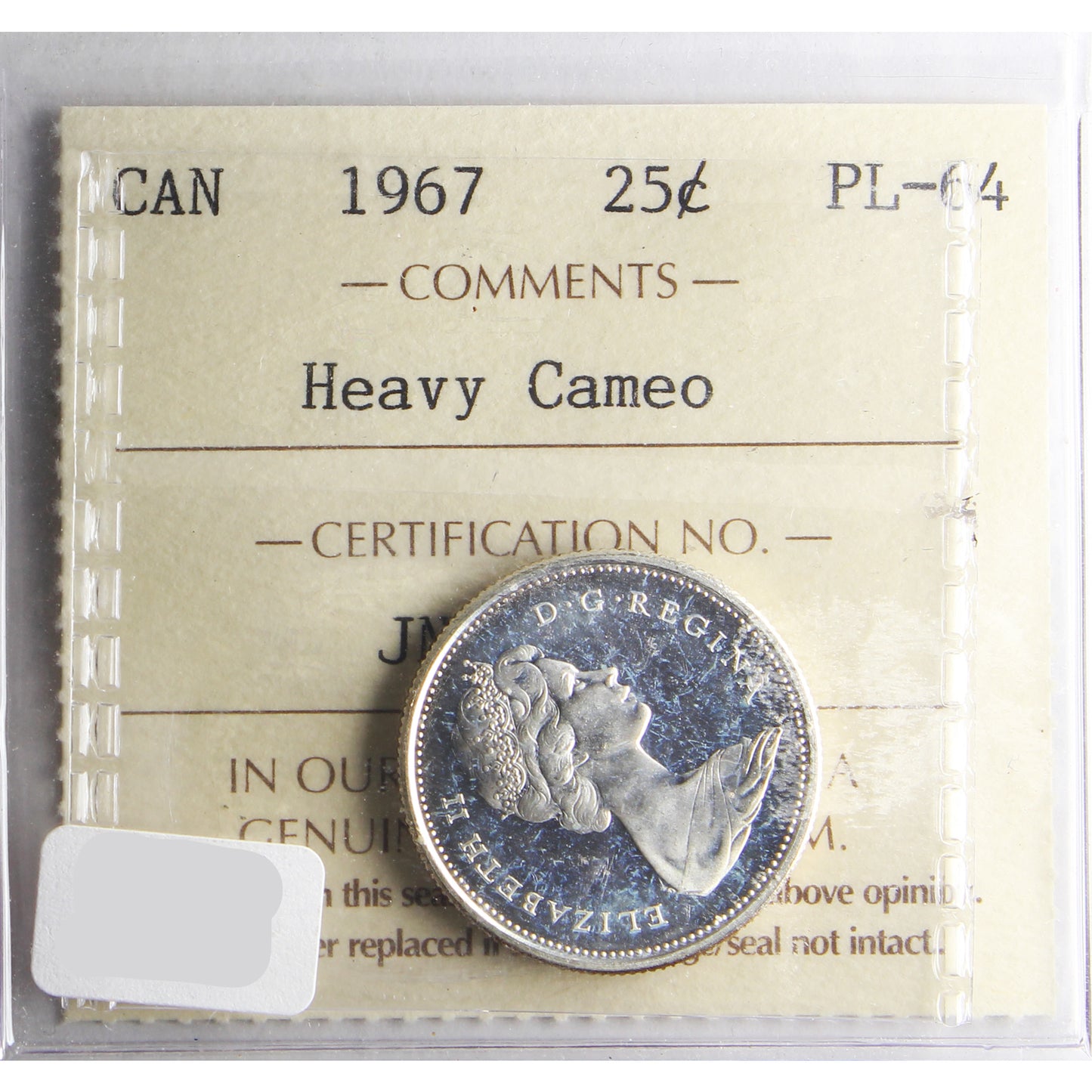 1967 Canada 25-cents ICCS Certified PL-64 Heavy Cameo