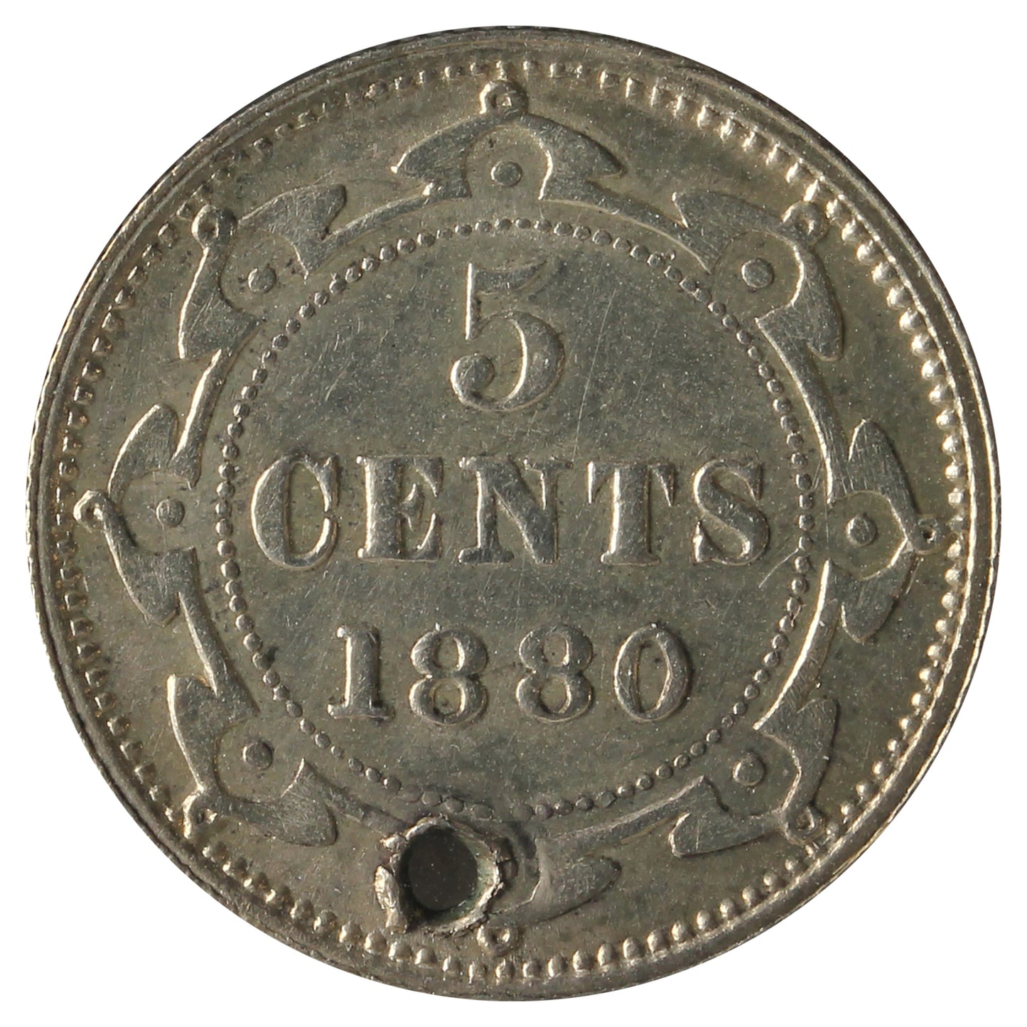 1880 Newfoundland 5-cents Almost Uncirculated (AU-50) Hole