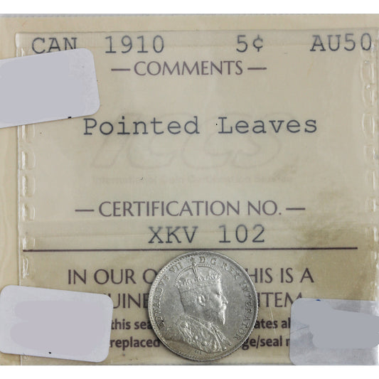 1910 Pointed Leaves Canada 5-Cents ICCS Certified AU-50