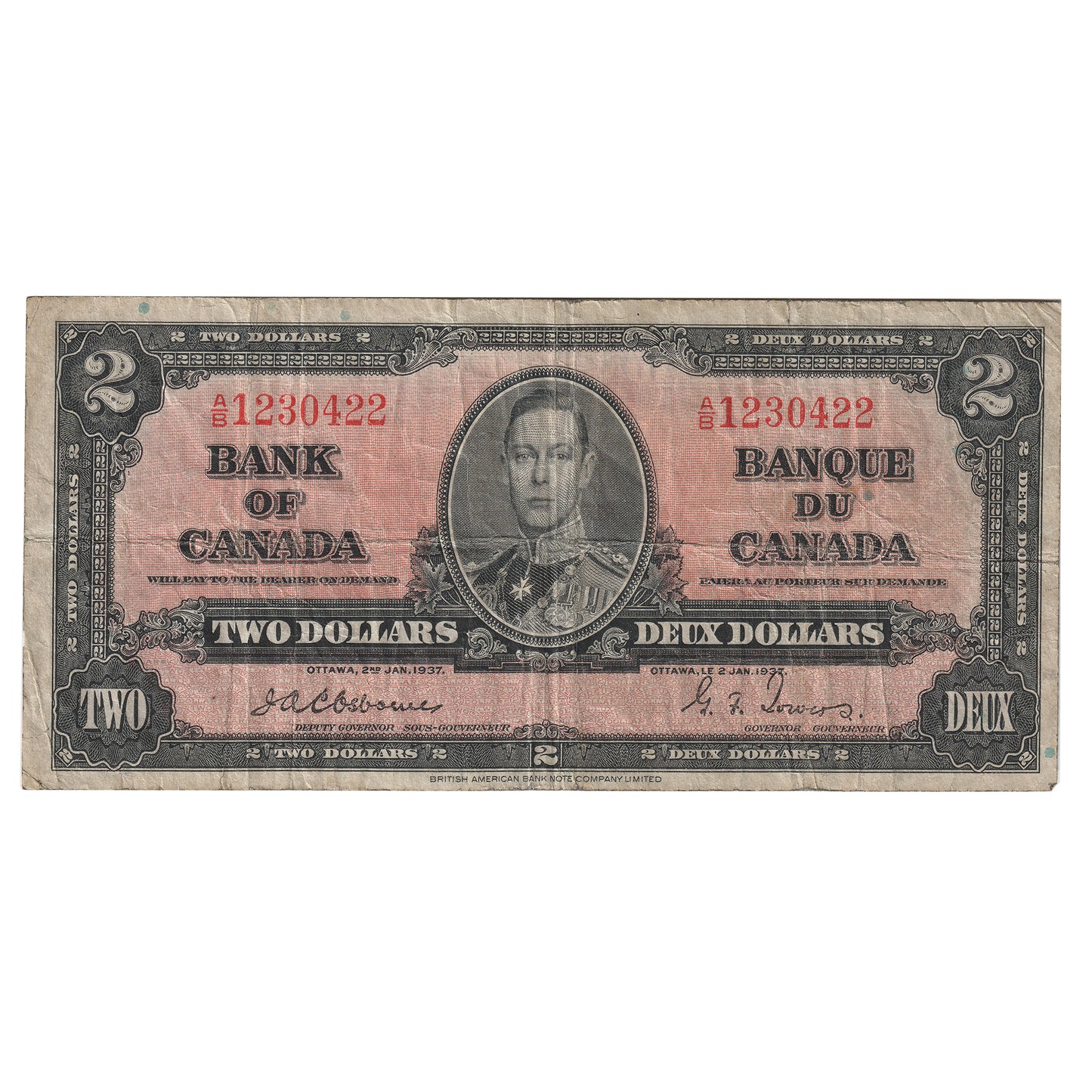 BC-22a 1937 Canada $2 Osborne-Towers, A/B