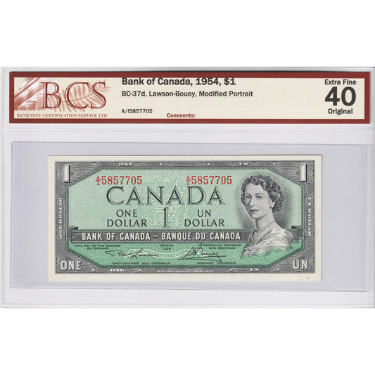 BC-37d 1954 Canada $1 L-B Modified Portrait A/I, BCS Cert. EF-40 Orig.