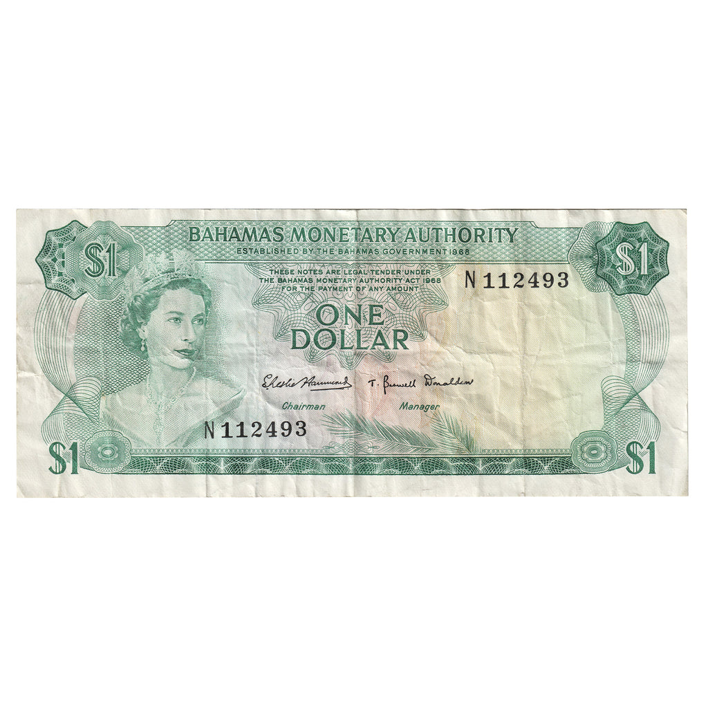 Bahamas 1968 1 Dollar Note, Pick #27a, F-VF (Tear)