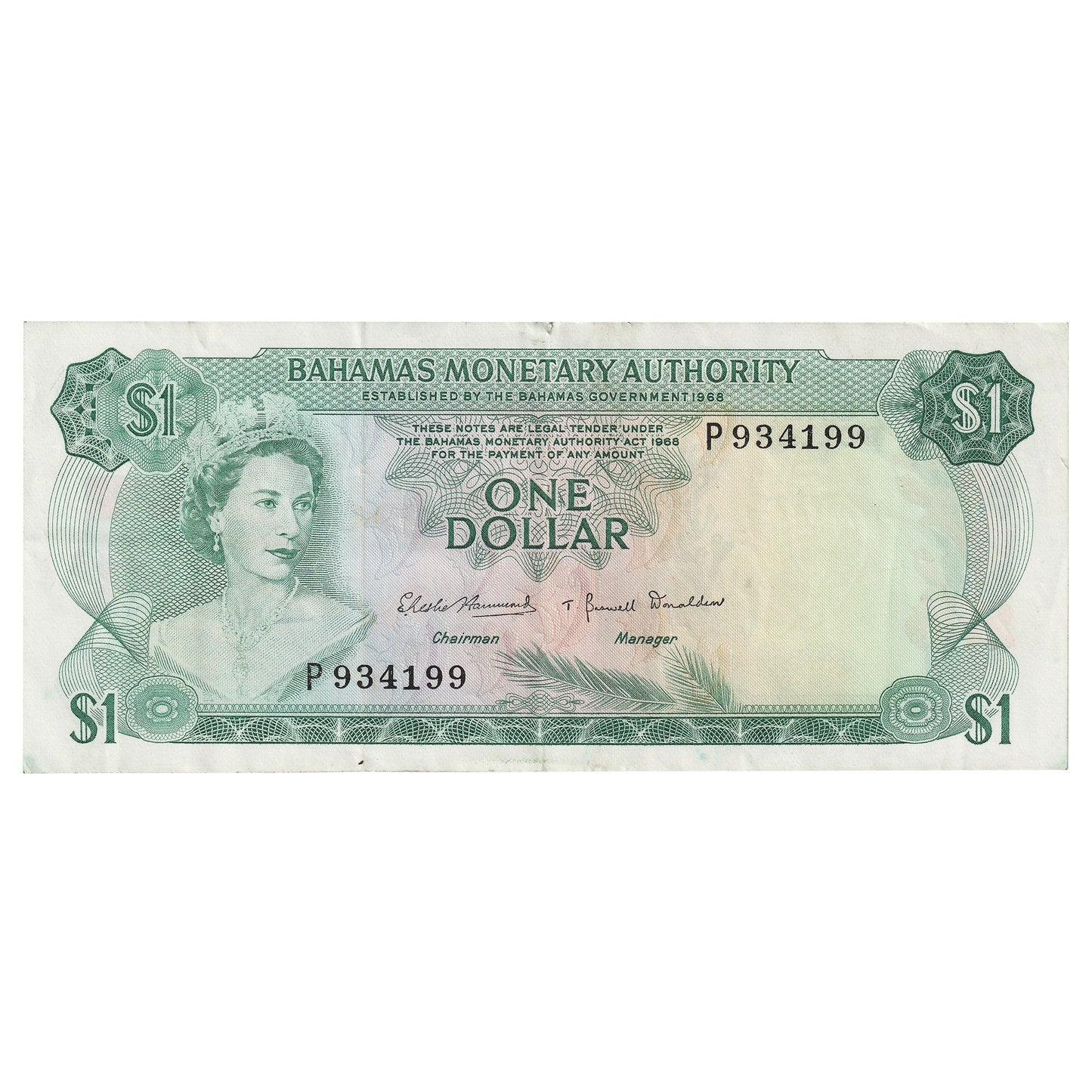 Bahamas 1968 1 Dollar Note, Pick #27a, EF (Tear)