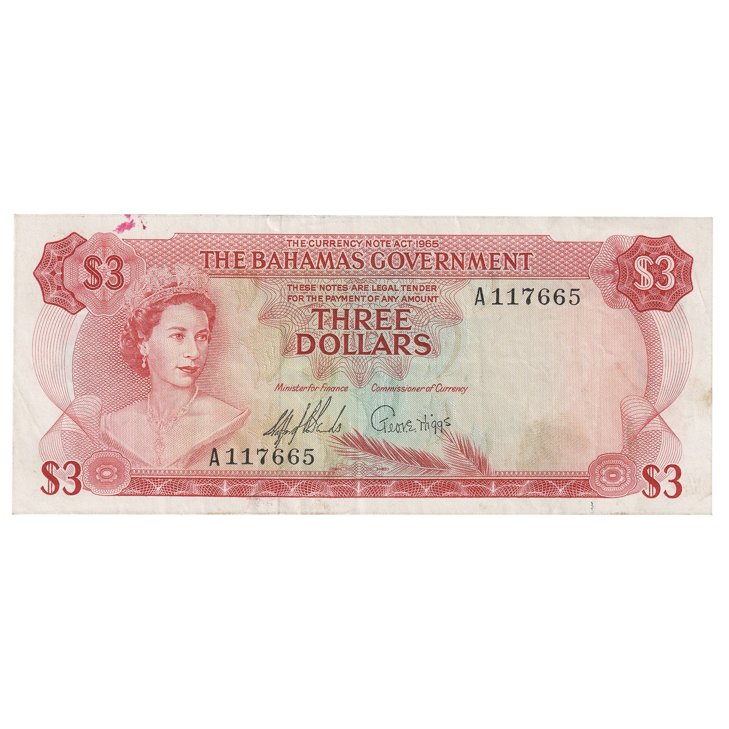 Bahamas 1965 3 Dollar Note, Pick #19a, 2 Signatures, VF-EF (Stain)