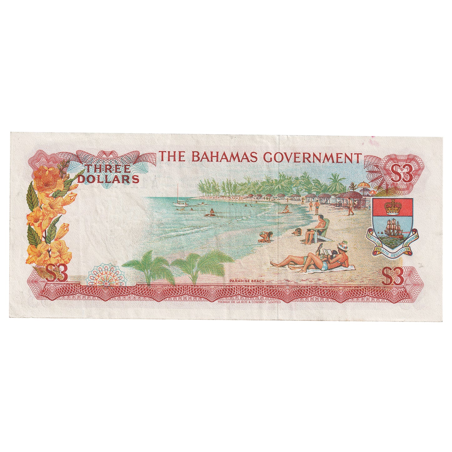 Bahamas 1965 3 Dollar Note, Pick #19a, 2 Signatures, VF-EF (Stain)