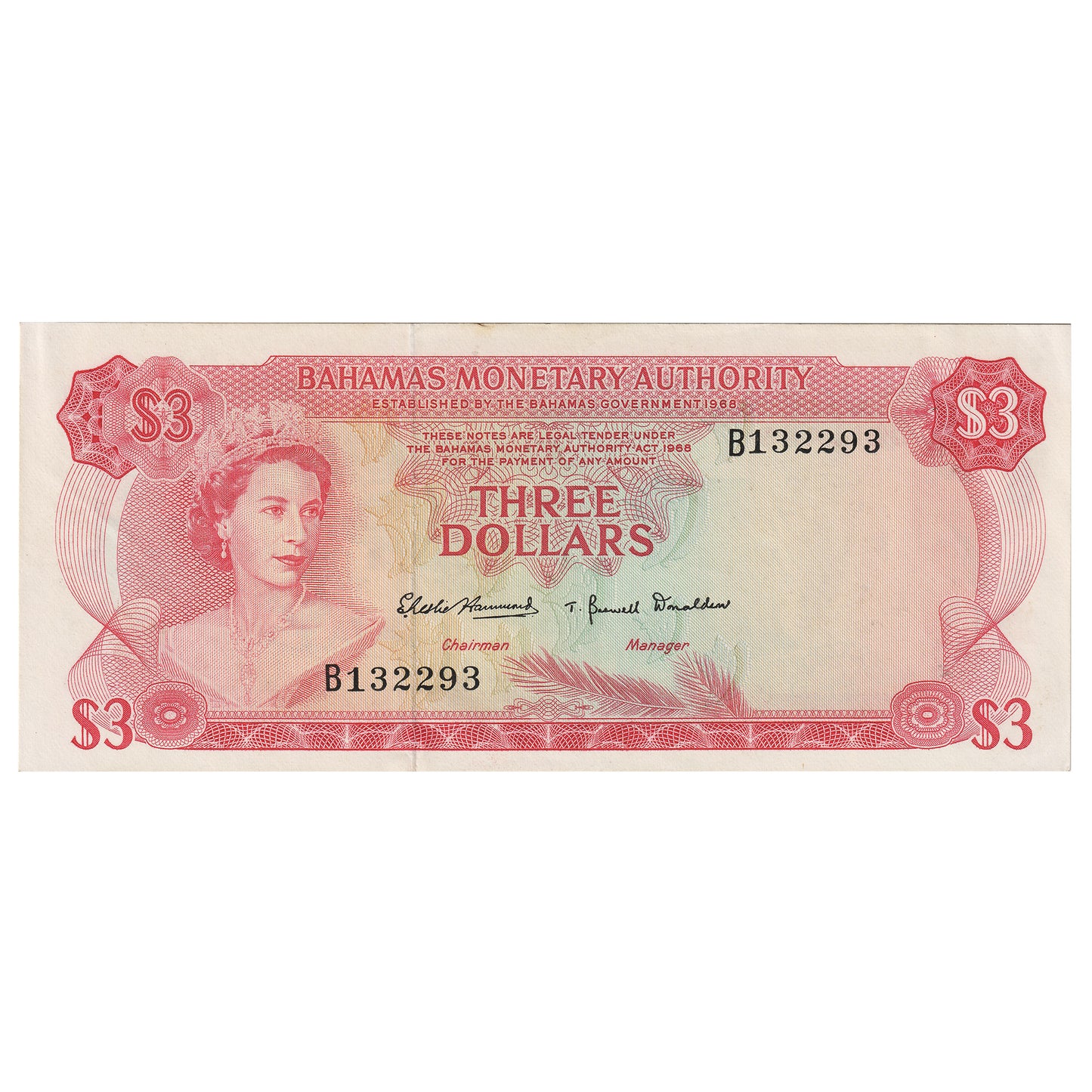 Bahamas 1968 3 Dollar Note, Pick #28a, AU (Stains)